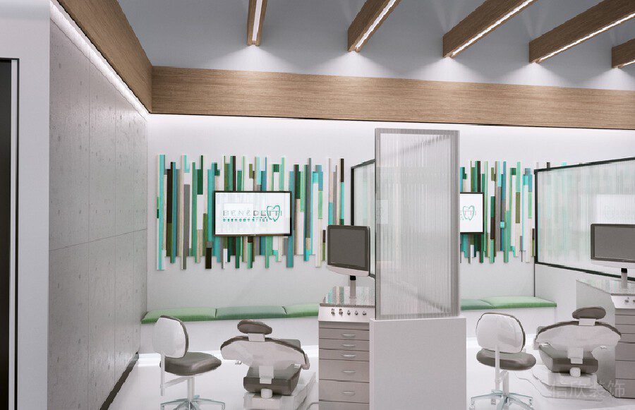 綠色條紋墻體3d裝飾設(shè)計辦公室牙科開放式就診區(qū)