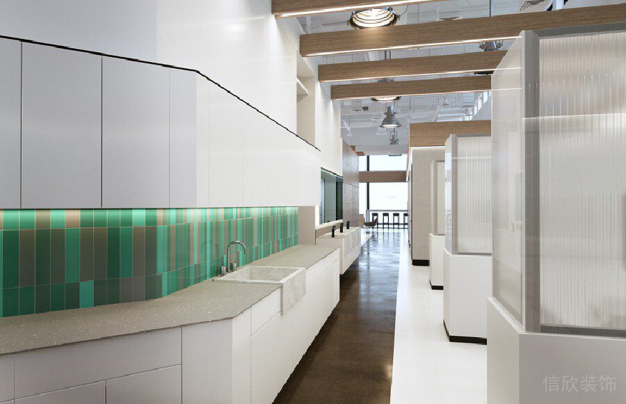 綠色拼色瓷磚茶水間過道辦公室設(shè)計