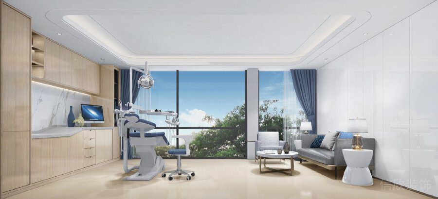 口腔治療室原木風(fēng)裝修設(shè)計灰調(diào)沙發(fā)休息區(qū)