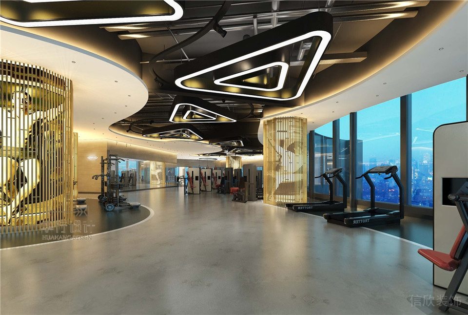 天花創(chuàng)意吊頂跑步機(jī)弧形過道開放式運(yùn)動(dòng)健身健身房裝修