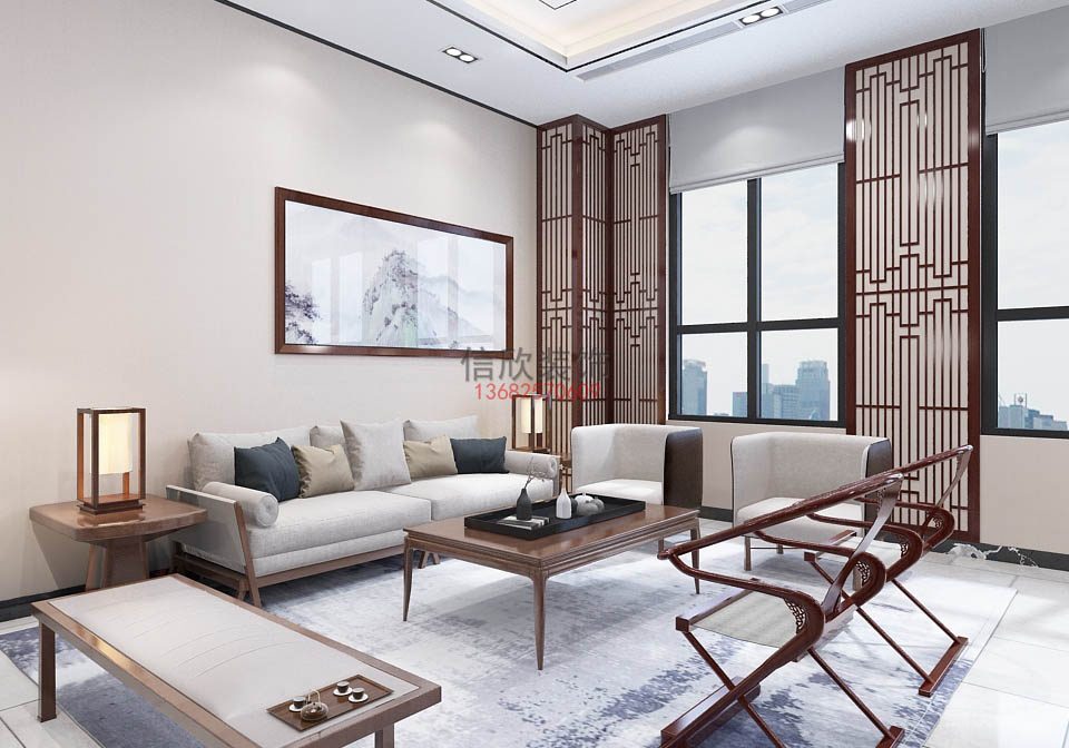 新中式真皮沙發(fā)會議區(qū)地毯創(chuàng)意設(shè)計效果圖