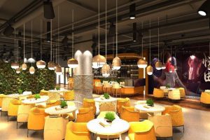 現(xiàn)代健身房修設(shè)計天花吊頂黃色沙發(fā)