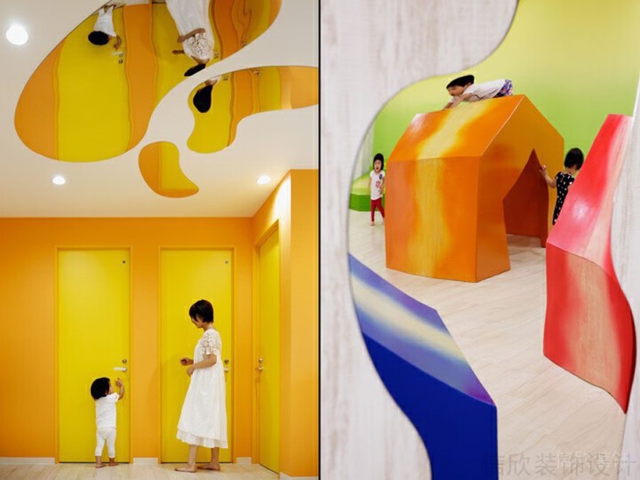 兒童機構(gòu)藝術(shù)教育培訓中心衛(wèi)生間對稱黃色鏡面設(shè)計