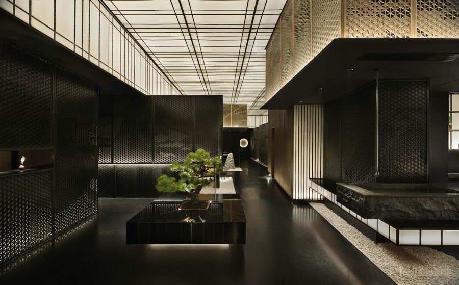 黑色暗系辦公室墻體設(shè)計竹編墻體新中式風格裝修