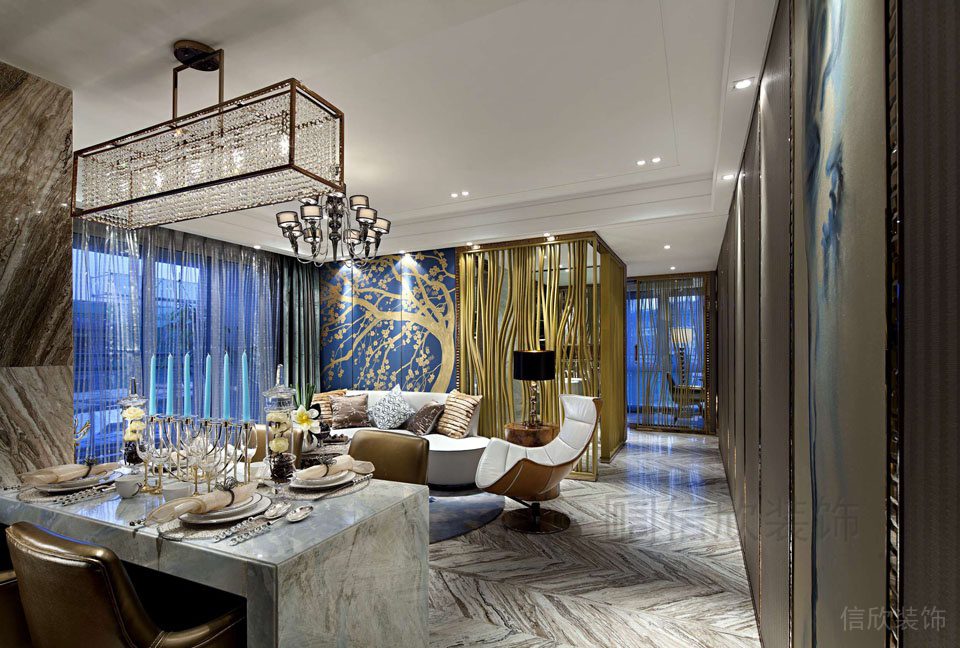 輕奢風裝修大廳效果圖就餐區(qū)大理石地板裝修藝術(shù)現(xiàn)代風效果圖