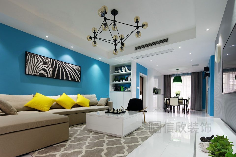 簡(jiǎn)約定制裝修效果圖天花創(chuàng)意吊頂藍(lán)色墻體涂料客廳裝修