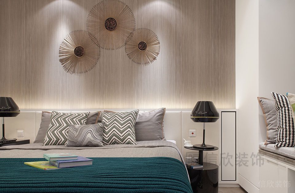 蒲公英木質(zhì)墻體臥室效果圖內(nèi)嵌式收納柜皮革軟包墻體設(shè)計