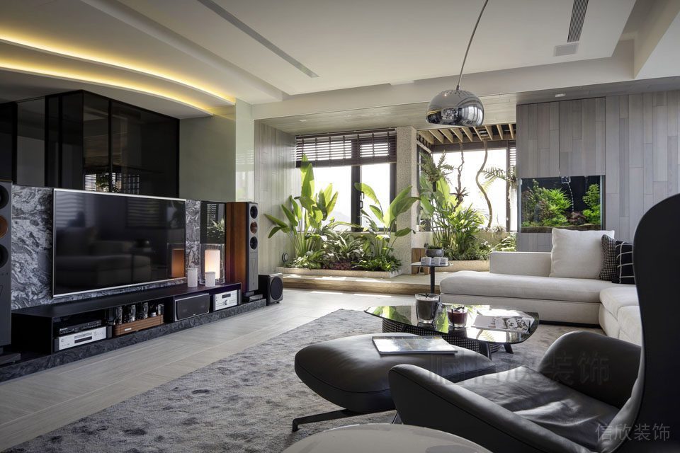 商務(wù)風客廳裝修效果皮革沙發(fā)音響地板木質(zhì)環(huán)形天花內(nèi)嵌燈帶設(shè)計圖