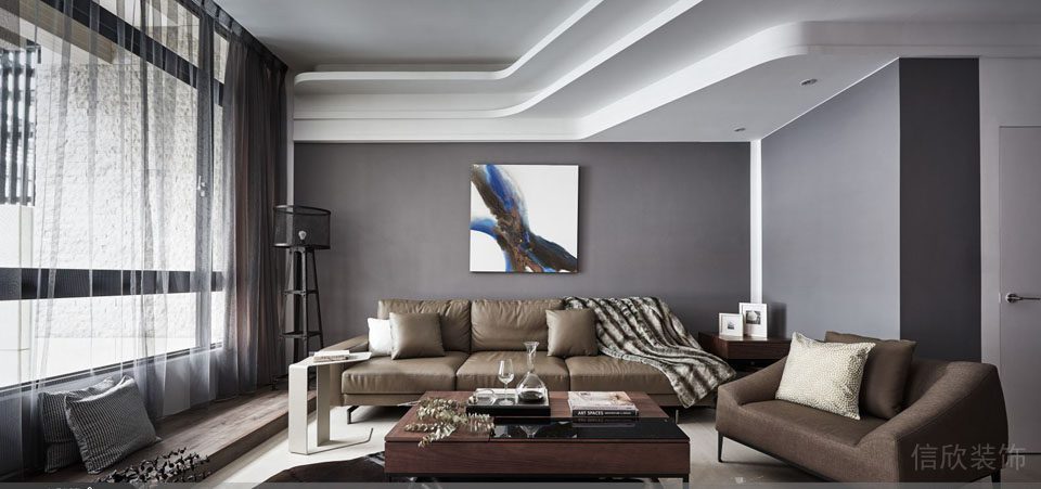 皮革棕色沙發(fā)環(huán)形層疊天花線條設(shè)計(jì)大廳裝修。