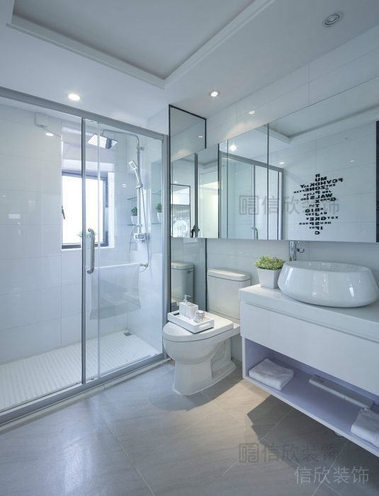 裝修設(shè)計干濕分離效果圖鏡面洗手臺環(huán)形瓷磚創(chuàng)意智能馬桶效果