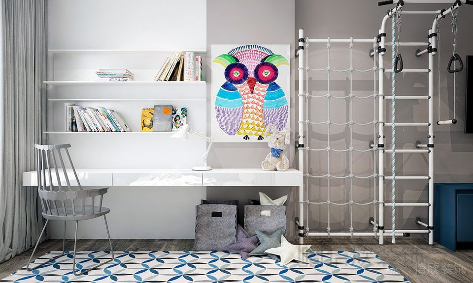 兒童房書桌創(chuàng)意設計懸掛活動區(qū)攀巖娛樂瓷磚地板鋪貼效果圖。