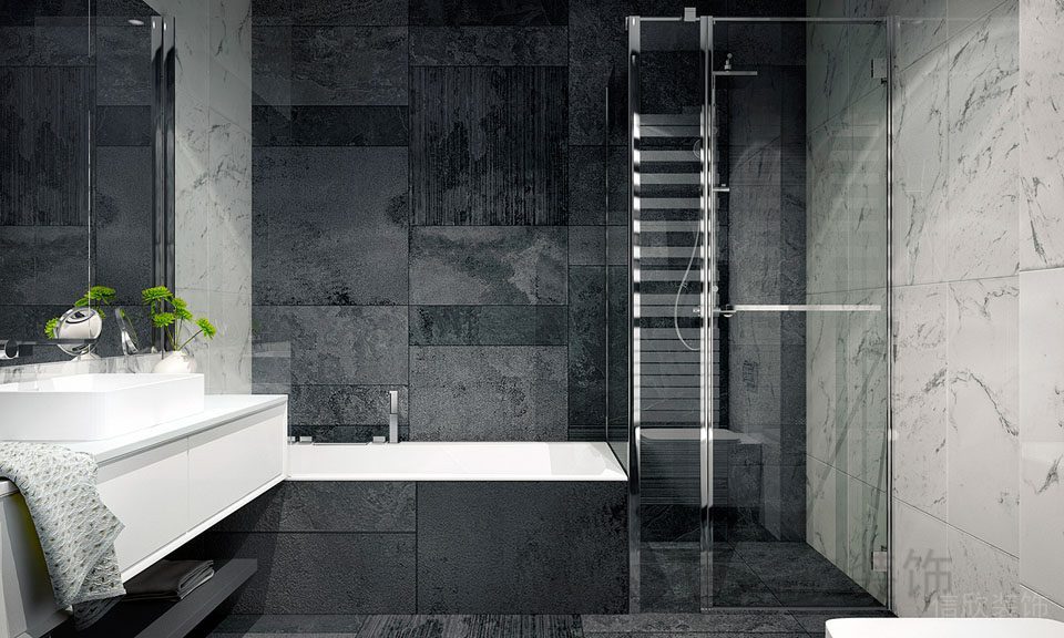 裝修設(shè)計衛(wèi)生間干濕分離玻璃墻體隔斷浴缸日式簡約灰色瓷磚鋪貼效果大理石