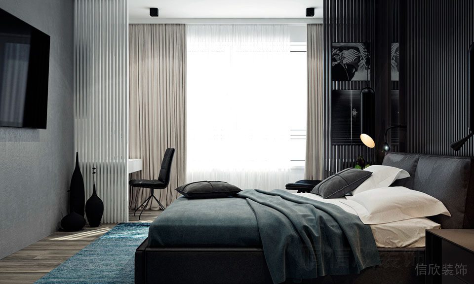 黑色商務(wù)風(fēng)臥室現(xiàn)代裝修效果圖木質(zhì)地面