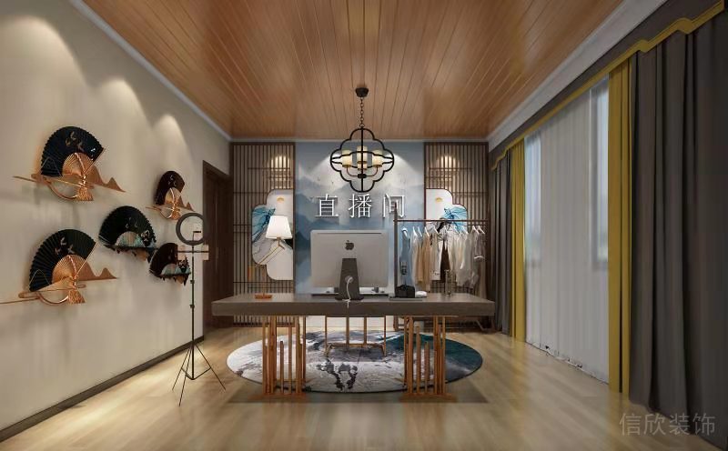 直播間古色古香場(chǎng)景搭建木質(zhì)天花國風(fēng)鏤空背景墻裝修