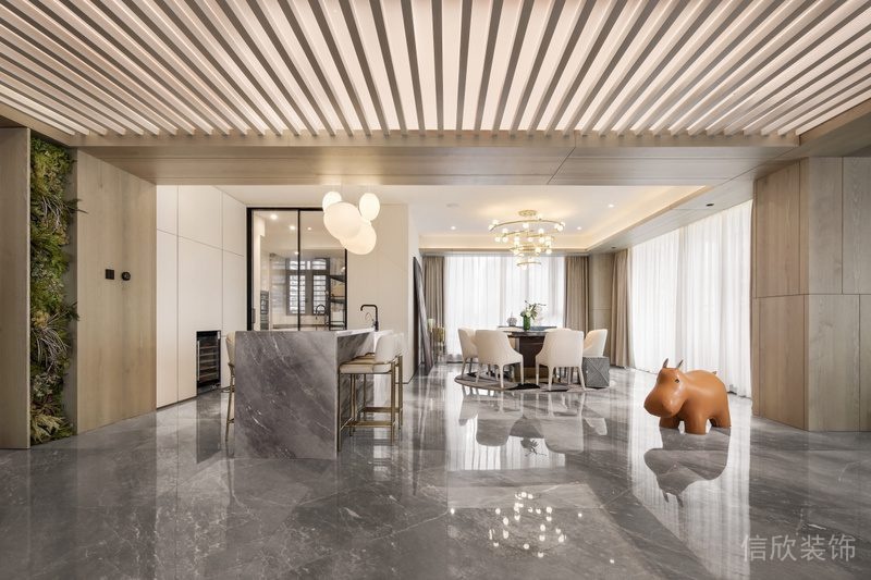 木質(zhì)鏤空條紋天花吊頂灰色地板裝修效果茶水間開放式辦公室區(qū)域裝修