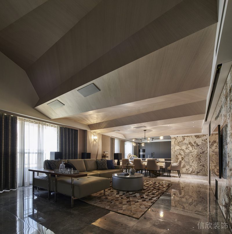 木質(zhì)客廳裝修創(chuàng)意斜坡設(shè)計(jì)天花地板大理石效果圖