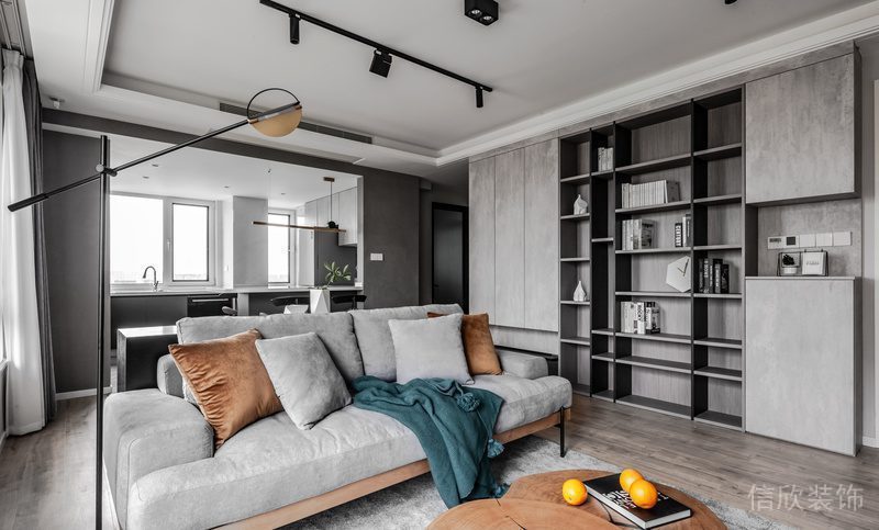 北歐風(fēng)客廳裝修效果圖灰色定制收納墻柜定制設(shè)計