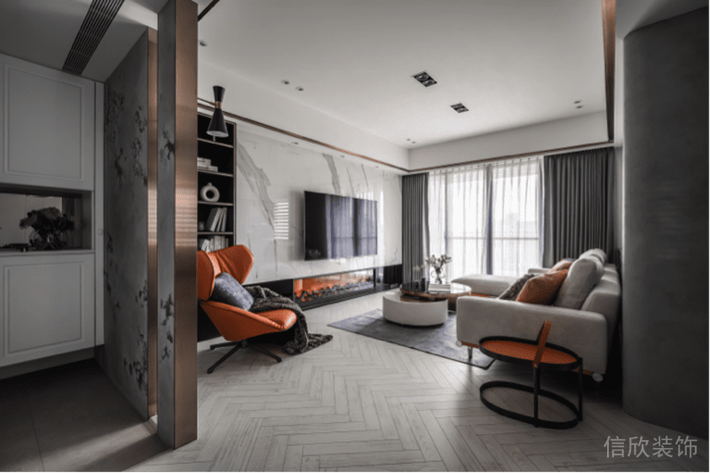 金屬墻體隔斷大理石效果圖實(shí)木地板設(shè)計(jì)客廳