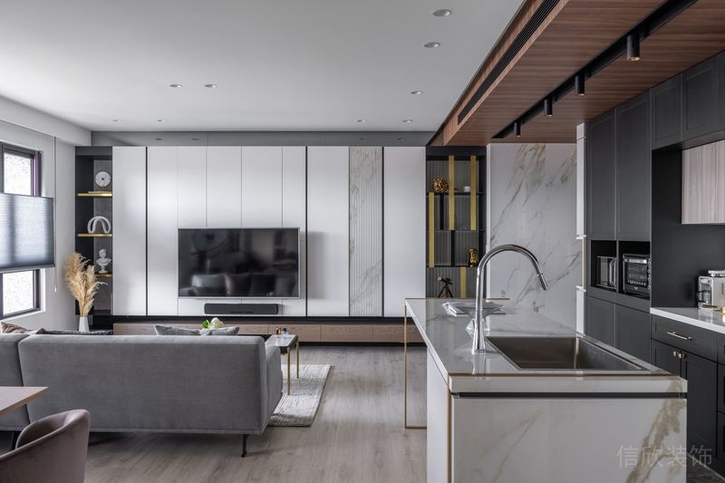開(kāi)放式廚房金屬線條大理石洗手池裝修設(shè)計(jì)效果射燈客廳裝修