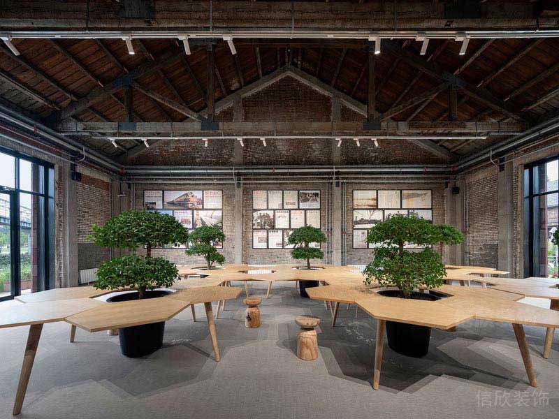 辦公室工業(yè)風原木桌綠植效果圖