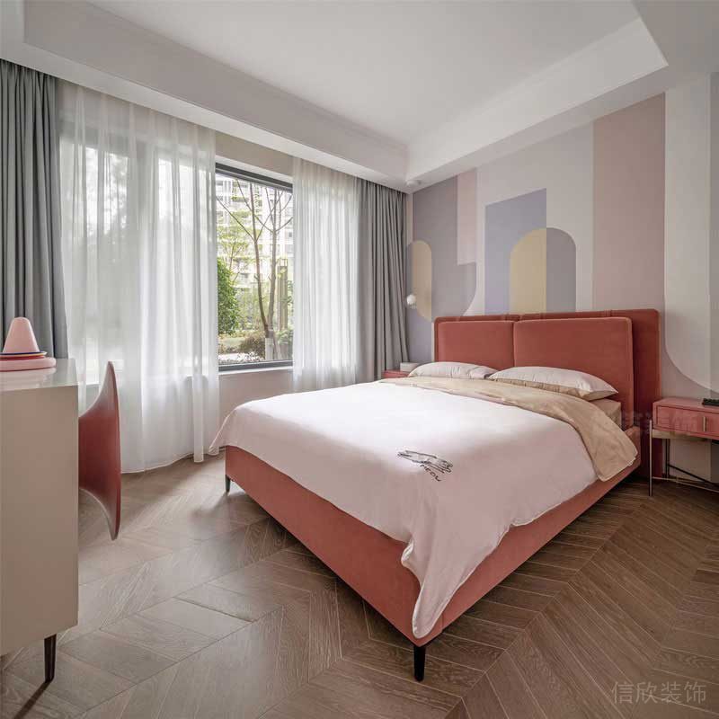 北歐風(fēng)格樣板間女兒房淺紅色睡床