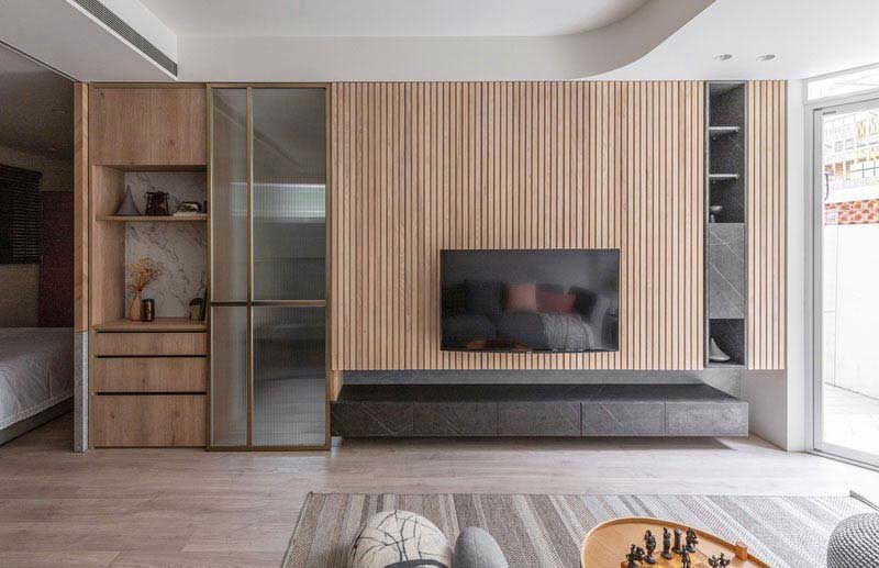 北歐現(xiàn)代家居原木格柵電視背景墻