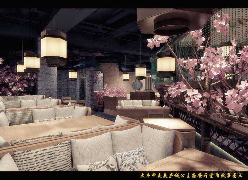 餐廳現(xiàn)代風(fēng)木藝卡座區(qū)櫻花效果圖