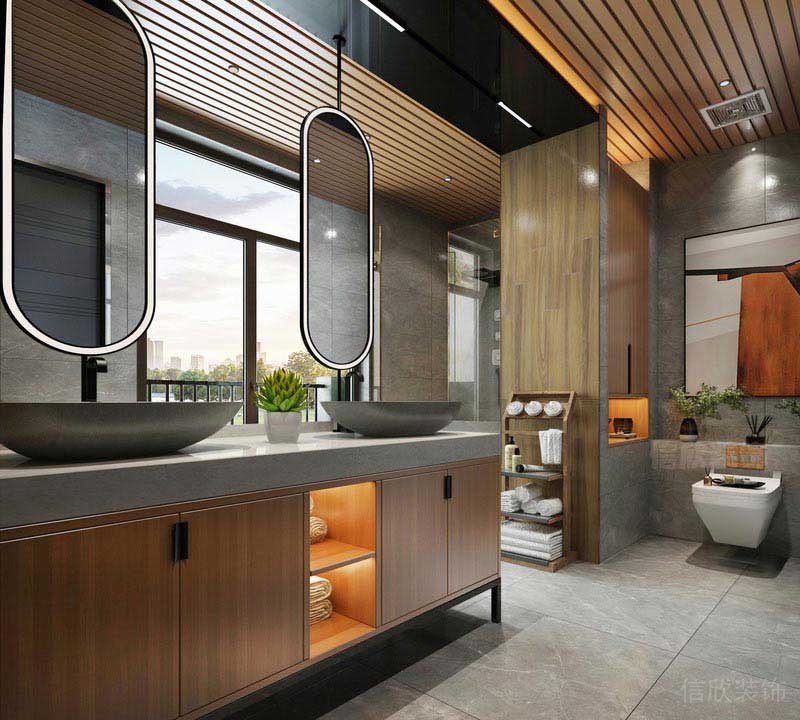 衛(wèi)生間灰色墻地裝和木吊頂