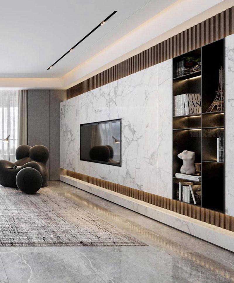 現(xiàn)代風(fēng)格客廳的石紋與長(zhǎng)城板電視背景墻設(shè)計(jì)方案