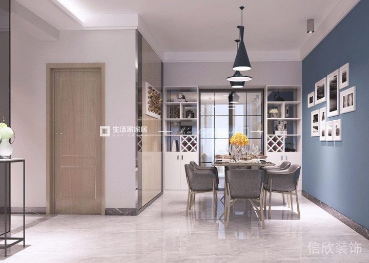 北歐風(fēng)就餐區(qū)弧形線條天花創(chuàng)意設(shè)計(jì)射燈燈飾裝修墻板形象設(shè)計(jì)