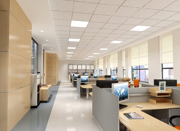 淺色的辦公室裝修方塊石膏板吊頂裝修圖