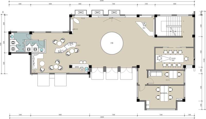 深圳鹽田區(qū)現(xiàn)代中式風格辦公室裝修設計一層彩色平面布置圖 深圳鹽田區(qū)現(xiàn)代中式風格辦公室裝修設計一層彩色平面布置圖