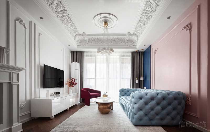 粉色古典宮廷風天花水晶吊頂泡泡棉沙發(fā)藝術創(chuàng)意法式設計客廳