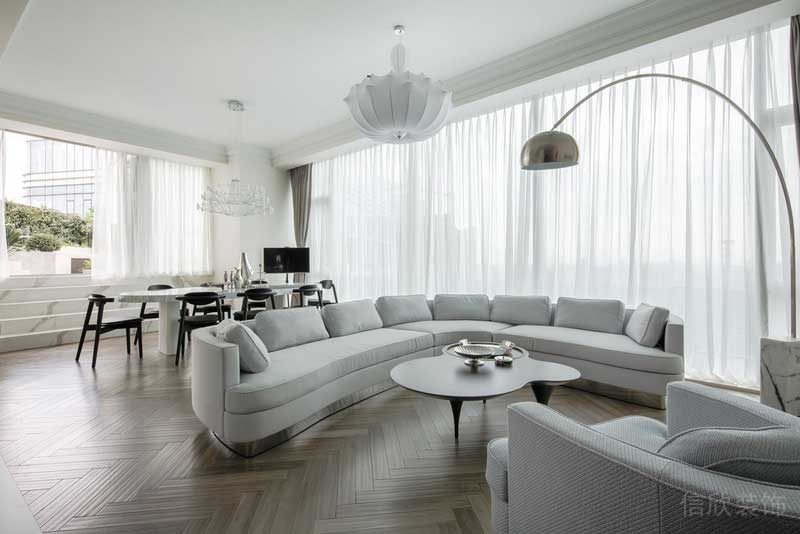 簡約風極簡風白色弧線沙發(fā)設計木質地板客廳