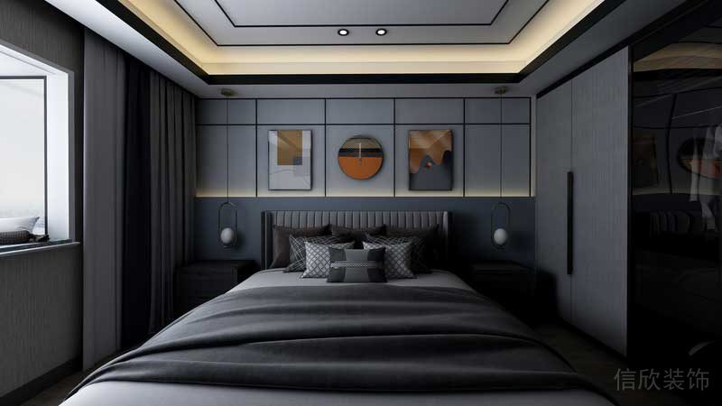 深圳市羅湖區(qū)新中式家庭住房舊房改造主臥床頭背景墻設(shè)計效果圖