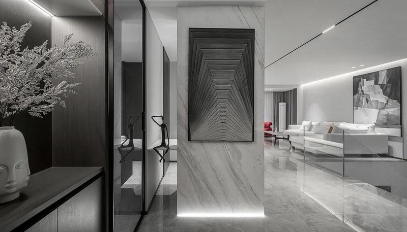 深圳鹽田極簡風(fēng)格家庭住宅裝修設(shè)計客廳軟裝陳設(shè)