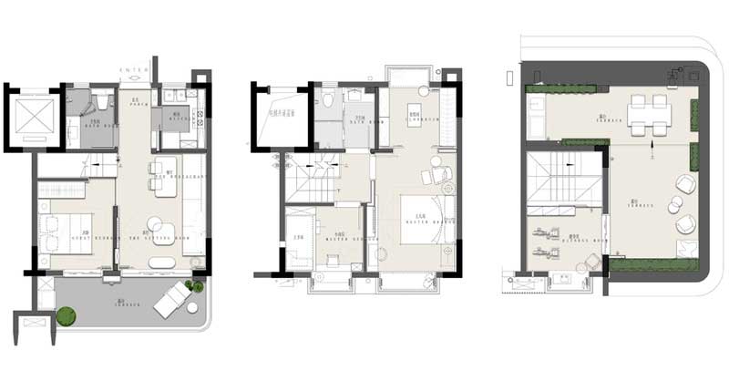 △平面圖 - 四層（左）/ 五層（中）/ 六層（右）