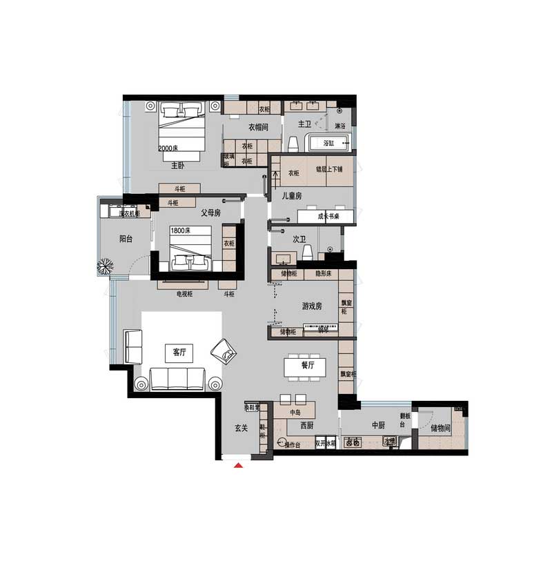 最終定稿平面布置圖，1.在玄關(guān)處增加鞋柜的功能，同時(shí)做隔斷，圍合式玄關(guān)，化解進(jìn)門(mén)正對(duì)主臥門(mén)的問(wèn)題。2.保留儲(chǔ)物間，將原生活陽(yáng)臺(tái)擴(kuò)大作為中廚功能，將原廚房改造為帶中島臺(tái)的西廚，將廚房功能進(jìn)行劃分。3.靠近餐廳的房間在設(shè)計(jì)師的建議下做成目前的游戲房，活動(dòng)室和臨時(shí)客房使用，將動(dòng)靜區(qū)劃分。4.主臥在保證主衛(wèi)的舒適尺度下擴(kuò)大衣帽間的區(qū)域，衣帽間共做三排大衣柜，大大增加收納空間。同時(shí)各個(gè)房間的儲(chǔ)物空間也逐步增加，但在公共區(qū)域部分做了適當(dāng)?shù)膬?chǔ)物后還是以舒適休閑家庭聚會(huì)為主沒(méi)有處處都堆滿(mǎn)儲(chǔ)物柜造成擁擠的視覺(jué)感。