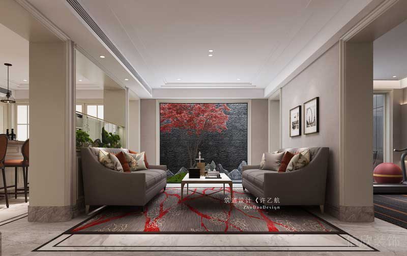 將干景置于家庭廳外，通過落地大玻璃實(shí)現(xiàn)了室內(nèi)與室外的相連，在閑暇之余賞景，不失為一大樂趣。