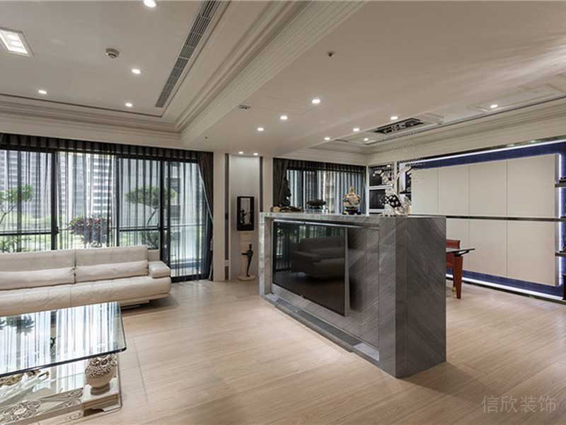 客廳裝修效果圖矮柜大理石觀影區(qū)內(nèi)嵌中央空調(diào)環(huán)形全屋定制設計