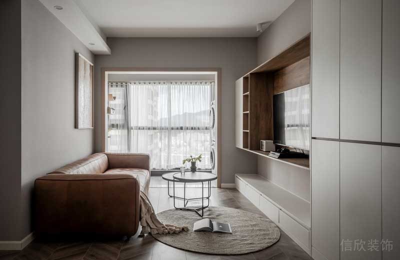 小戶型裝修效果圖皮革直線沙發(fā)內(nèi)嵌式設(shè)計墻體收納日式效果圖