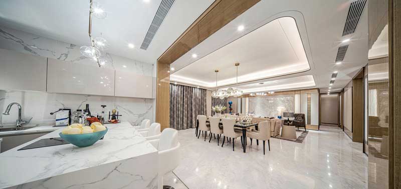 深圳龍崗中心城現(xiàn)代輕奢風(fēng)格家裝新房三居室裝修西廚吧臺(tái)