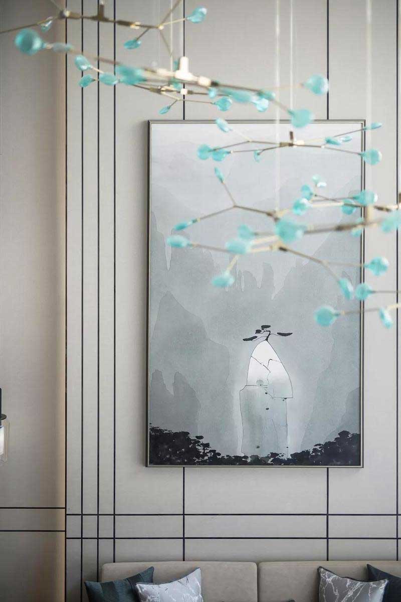 深圳鹽田新中式風(fēng)格別墅樣板房設(shè)計(jì)圖休閑會(huì)客廳沙發(fā)背景墻的水墨裝飾畫