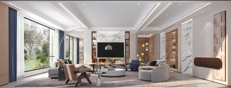 深圳南山區(qū)西麗輕奢新中式舊房三居室裝修客廳效果圖