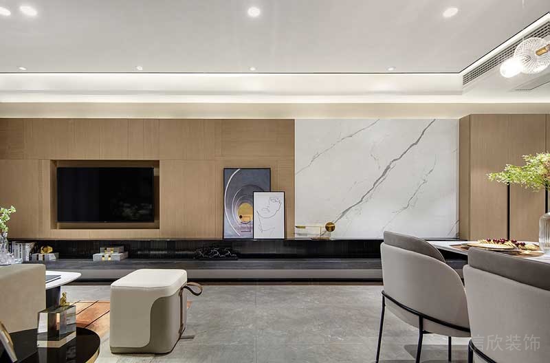 大理石地板客廳裝修木柜創(chuàng)意墻體設計全屋定制效果圖