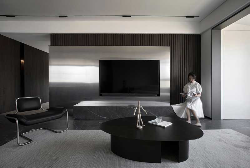 深圳鹽田美式極簡風(fēng)家庭新房裝修工程案例客廳電視背景墻