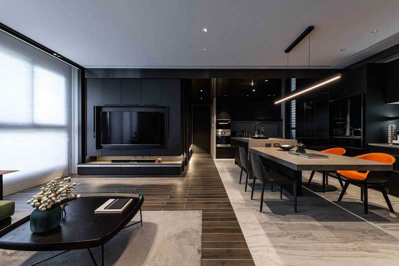 客餐廳黑色木紋電視墻木結(jié)構(gòu)實木餐桌