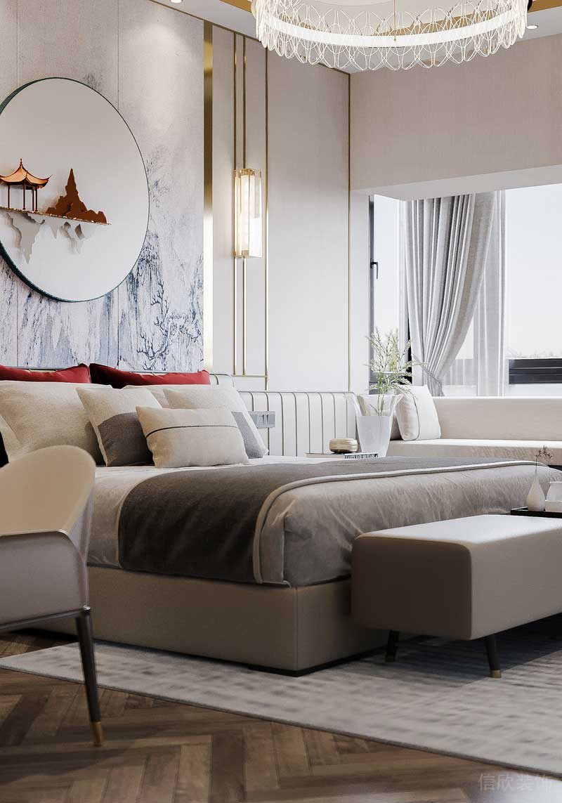 深圳鹽田新中式三房家裝裝修設(shè)計(jì)主臥床品