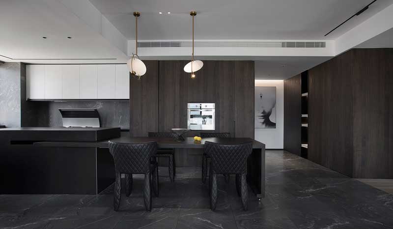 深圳鹽田美式極簡風(fēng)家庭新房裝修工程案例餐廳島臺