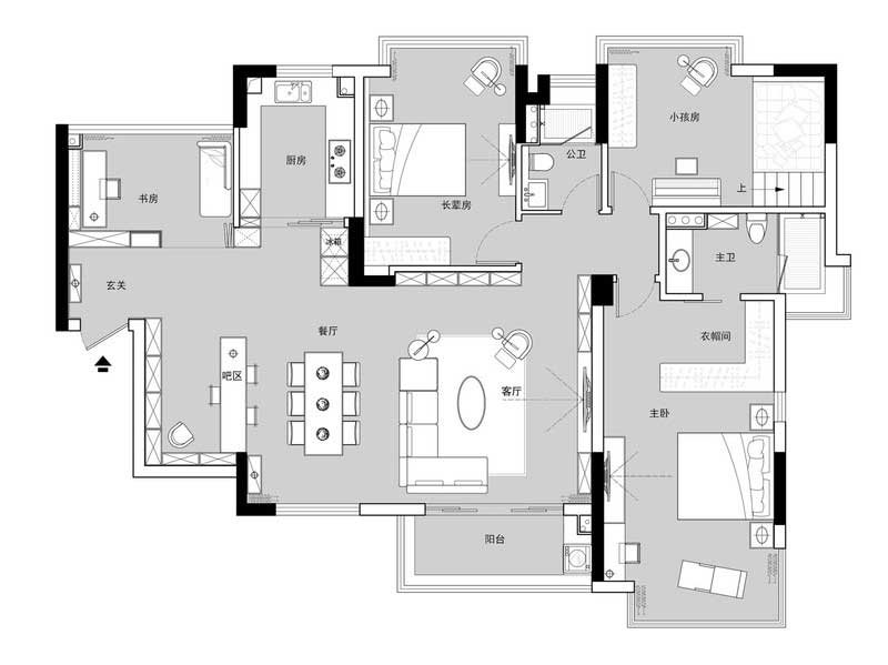 客餐廳經(jīng)過(guò)調(diào)整空間的比重，得到更為開(kāi)闊的公共空間以及更自由的活動(dòng)軌跡，整個(gè)空間重構(gòu)比例，利用材質(zhì)的特性以及調(diào)整整體細(xì)節(jié)后，將入戶玄關(guān)、客餐廳以及廚房原有四大塊略顯局促的獨(dú)立盒子化整為零。